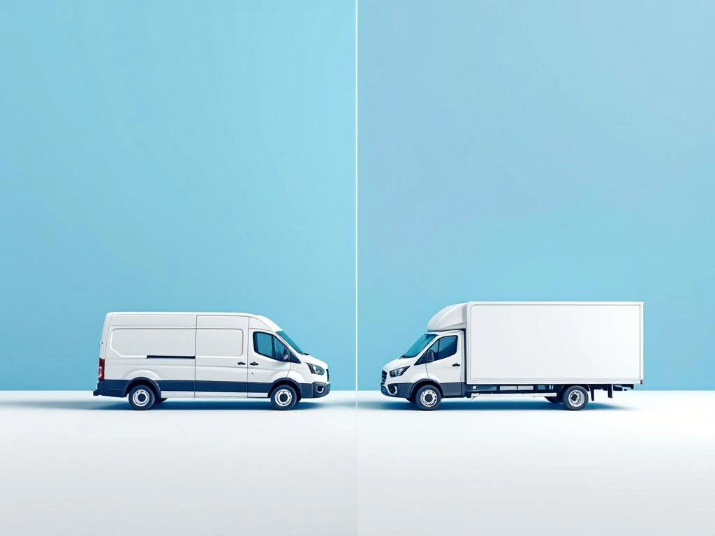 Witte bestelwagen en vrachtwagen naast elkaar op blauwe achtergrond voor vergelijking van huurvoertuigen