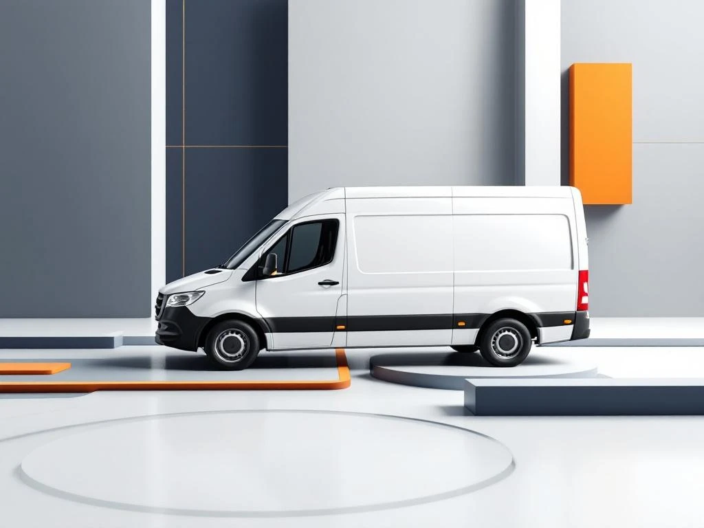 Witte bestelwagen op geometrische achtergrond met zakelijke documenten, navy blauw en oranje accenten