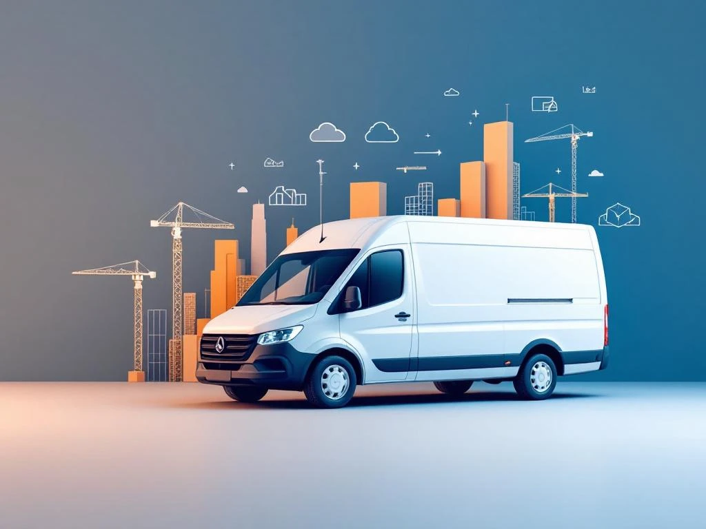 Witte bestelwagen onder hoek op blauwe achtergrond met zwevende bouwkraan en blauwdruk elementen in professionele kleuren