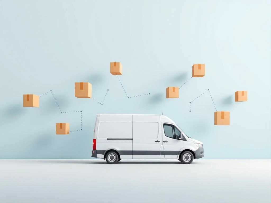 Witte bezorgwagen met zwevende pakketten verbonden door stippellijnen op blauwe achtergrond, logistiek transport concept