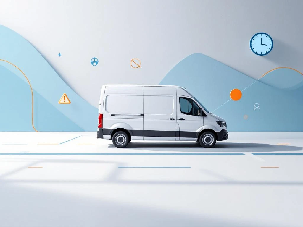 Witte bezorgbus op minimalistische achtergrond met blauwe en oranje accenten, kloksymbolen en wegelementen