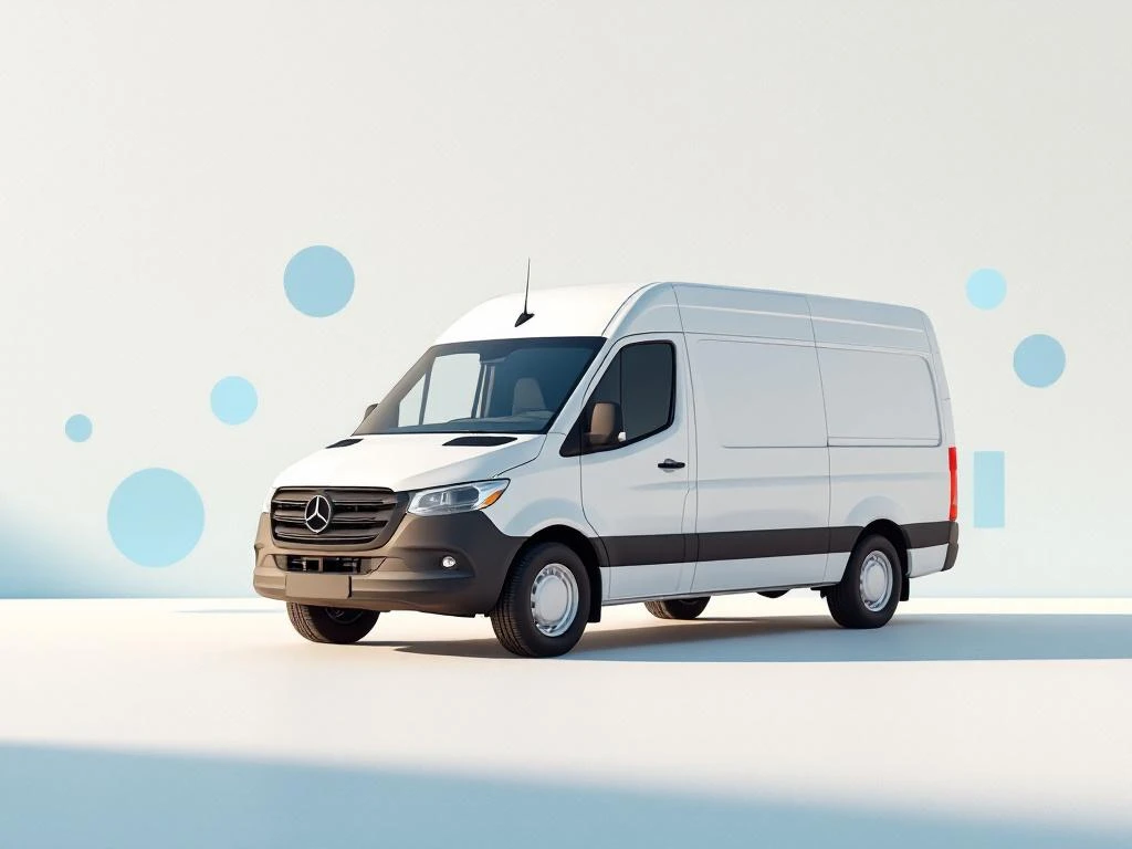 Witte bestelwagen op geometrisch oppervlak met blauwe vormen die bedrijfsefficiëntie symboliseren