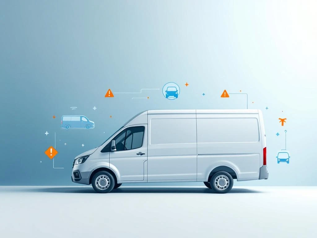 Witte bestelwagen met reparatie-iconen en vervangvoertuig silhouet op blauwe gradiënt achtergrond voor servicecontinu