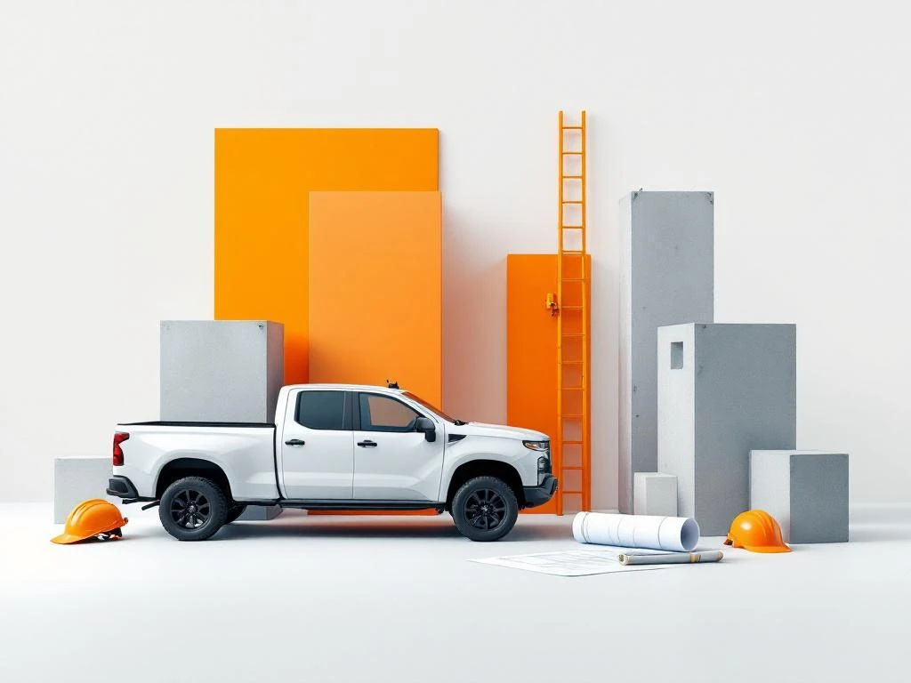 Moderne bouwvoertuigen pickup truck en bestelwagen met betonblokken en stalen balken op witte achtergrond