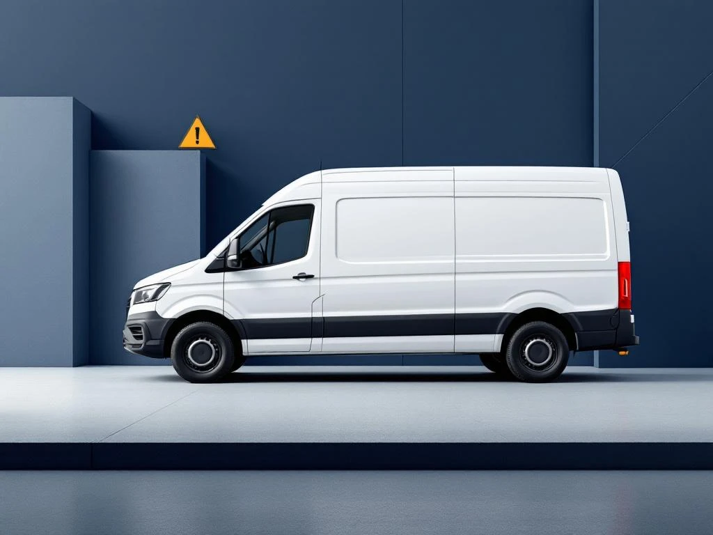 Witte bedrijfswagen in driekwart hoek op betonnen ondergrond met marineblauwe en oranje geometrische achtergrond