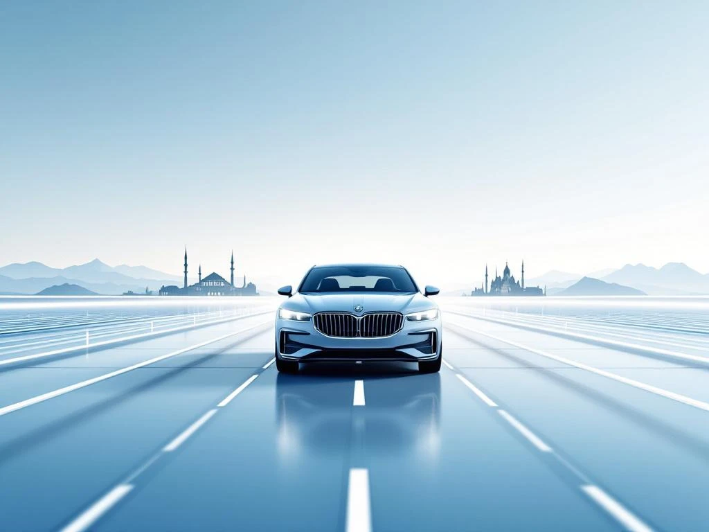 Moderne huurauto in het midden van minimalistische compositie met Europese landengrenzen en geometrische lijnen