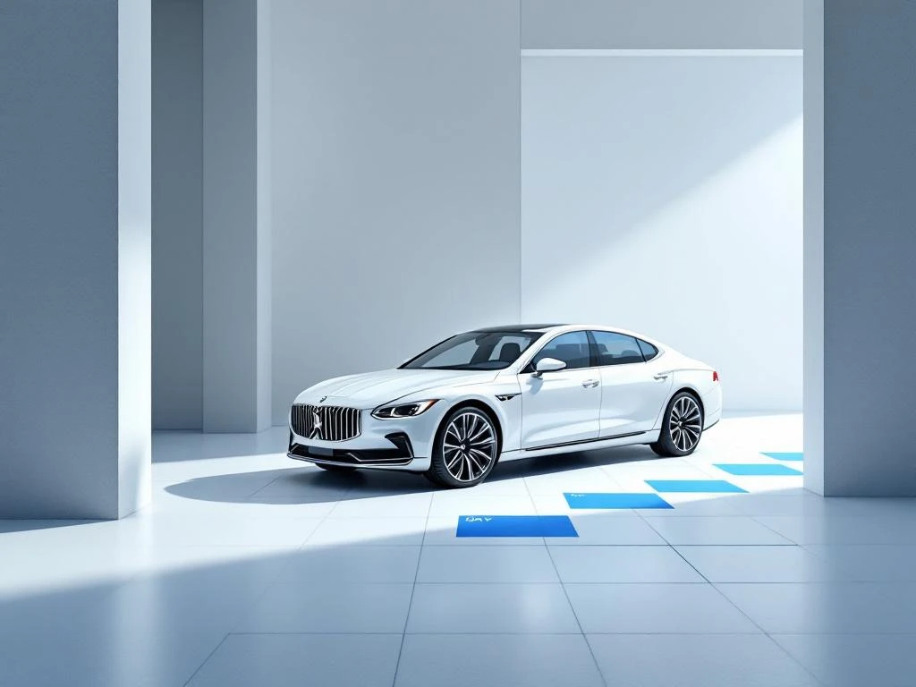 Witte luxe sedan op kalenderpatroon met blauwe vakken die optimale huurdagen markeren voor zakelijke autoverhuur