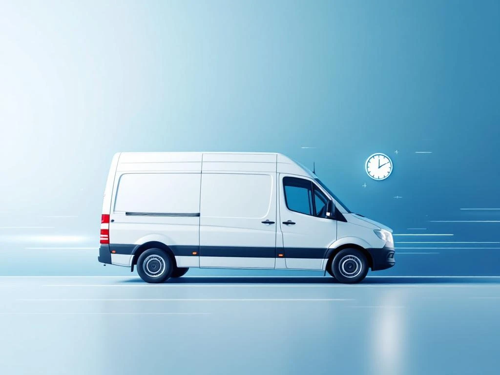 Witte bestelwagen in beweging tegen blauwe achtergrond met klokicoon voor spoedverhuur diensten