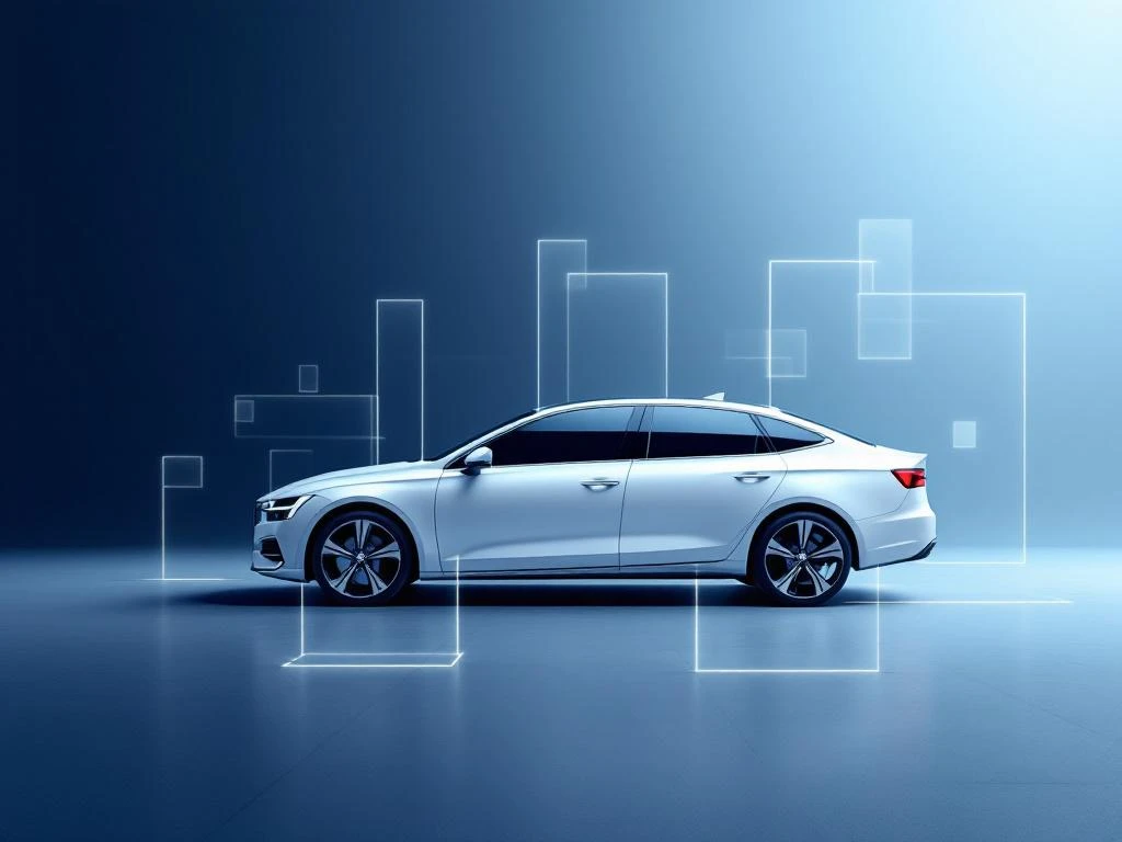 Witte zakenauto onder hoek op blauwe gradiënt achtergrond met geometrische transparante vormen en professionele verlichting