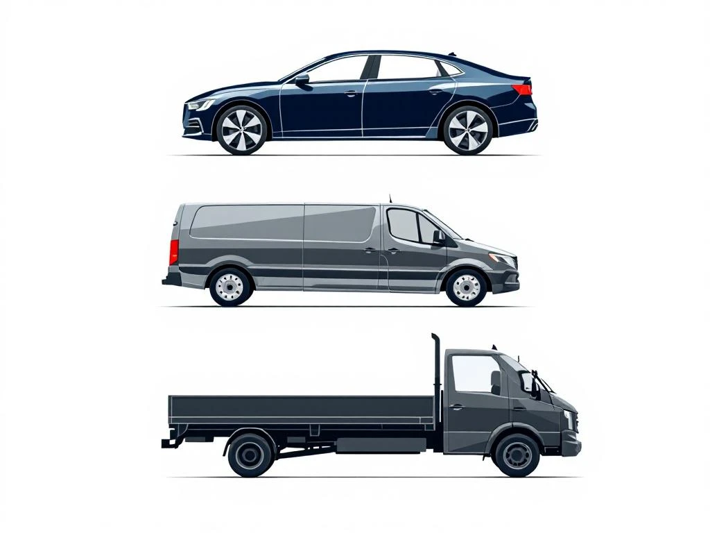 Drie geometrische voertuigsilhouetten: donkerblauwe sedan, grijze bestelwagen en donkergrijze vrachtwagen op witte achtergrond