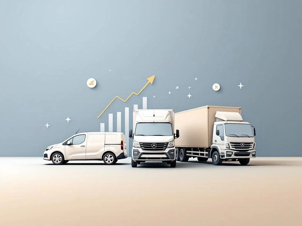 Drie voertuigsilhouetten - sedan, bestelwagen en vrachtwagen - met kostenefficiëntie symbolen op blauwe gradiënt achtergrond