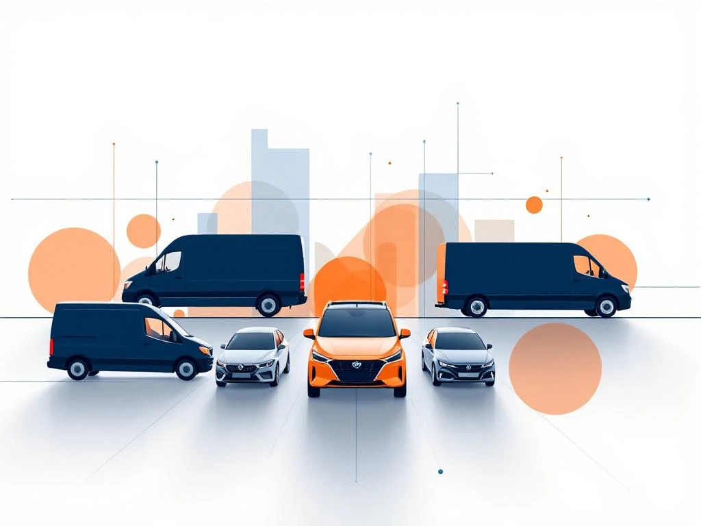 Commerciële voertuigen in geometrische grid: bestelwagens, vrachtwagens en zakenauto's in marineblauw en oranje