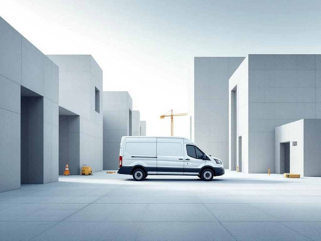 Witte bedrijfswagen op moderne bouwplaats met betonnen gebouwen en bouwapparatuur in minimalistische grijstinten