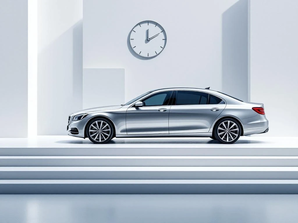 Zilverkleurige zakelijke sedan op geometrisch oppervlak met klok element, professionele verlichting en minimalistische achtergrond