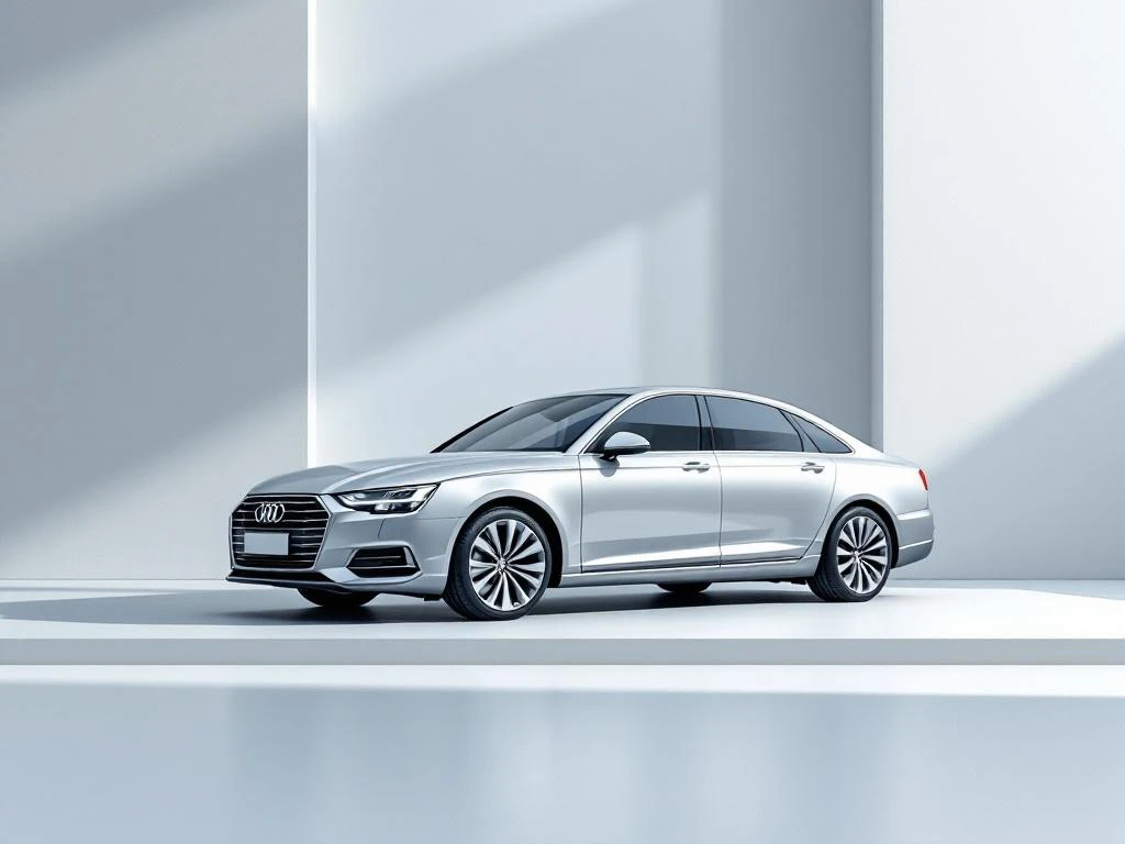 Zilveren zakelijke sedan onder professionele verlichting met prijsiconen en pijlen op minimalistische achtergrond