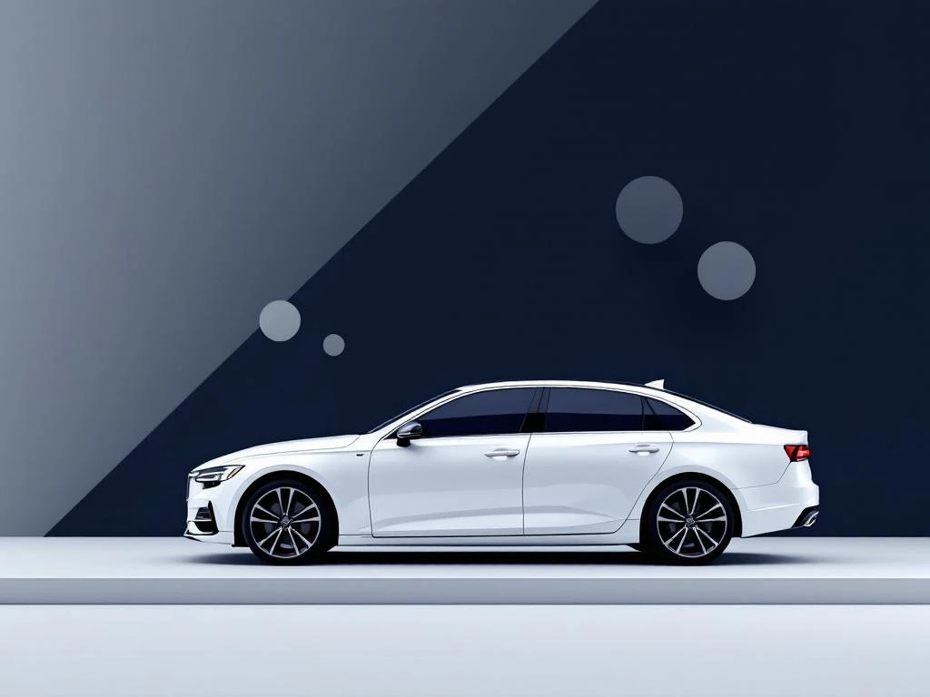 Witte zakelijke sedan onder elegante hoek op geometrische ondergrond met marineblauw naar grijze achtergrond