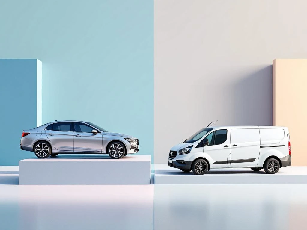 Zilver zakenauto en witte bedrijfswagen op gesplitst scherm voor zakelijke mobiliteitsoplossingen