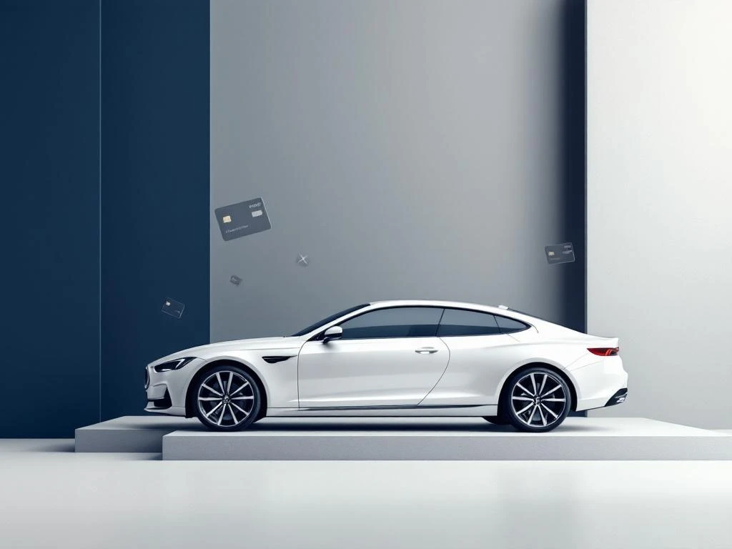 Witte zakenauto op geometrische ondergrond met vervagend creditcards in navy-grijze achtergrond voor bedrijfsmobiliteit