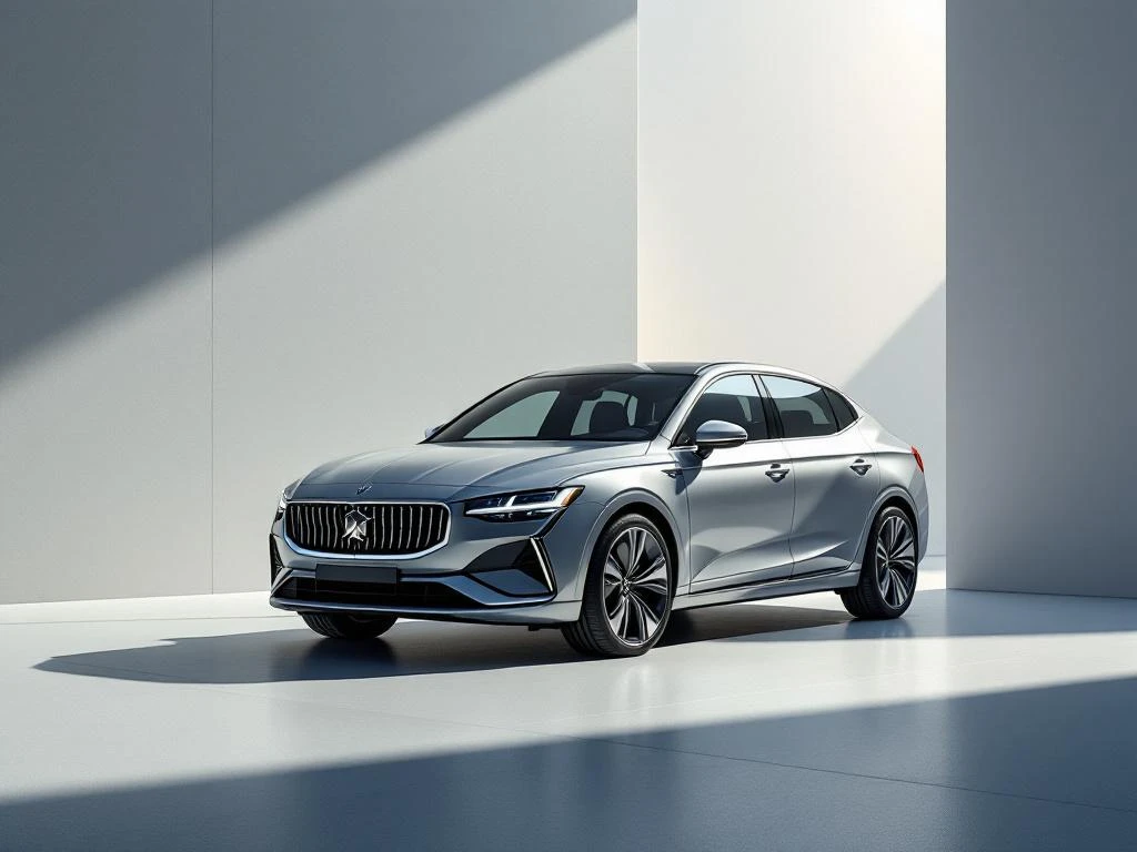 Zilveren zakenauto onder professionele verlichting met gouden accenten op geometrische achtergrond