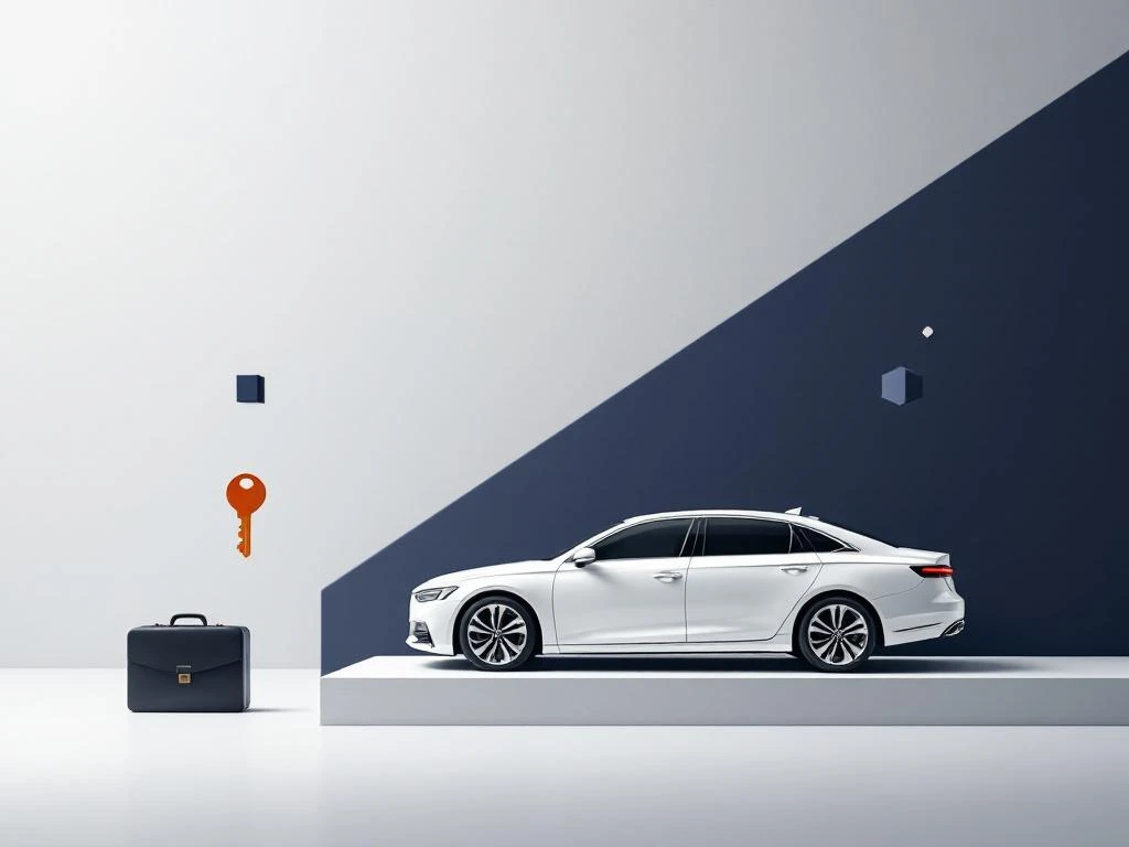 Witte zakenauto onder professionele verlichting met drijvende briefcase en sleutel iconen op geometrische achtergrond