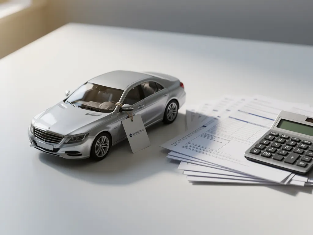 Zilveren speelgoedauto met prijskaartje naast belastingdocumenten en rekenmachine op wit bureau