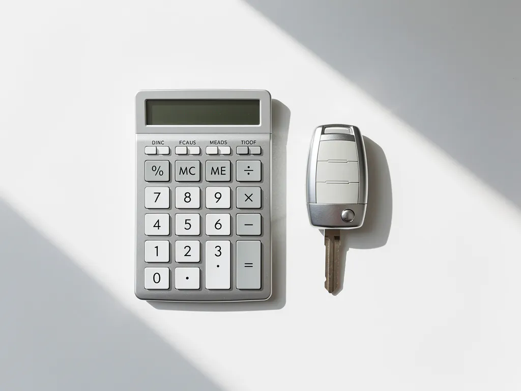 Calculator met grote knoppen en moderne autosleutels op wit bureau in natuurlijk licht, minimalistische overhead compositie