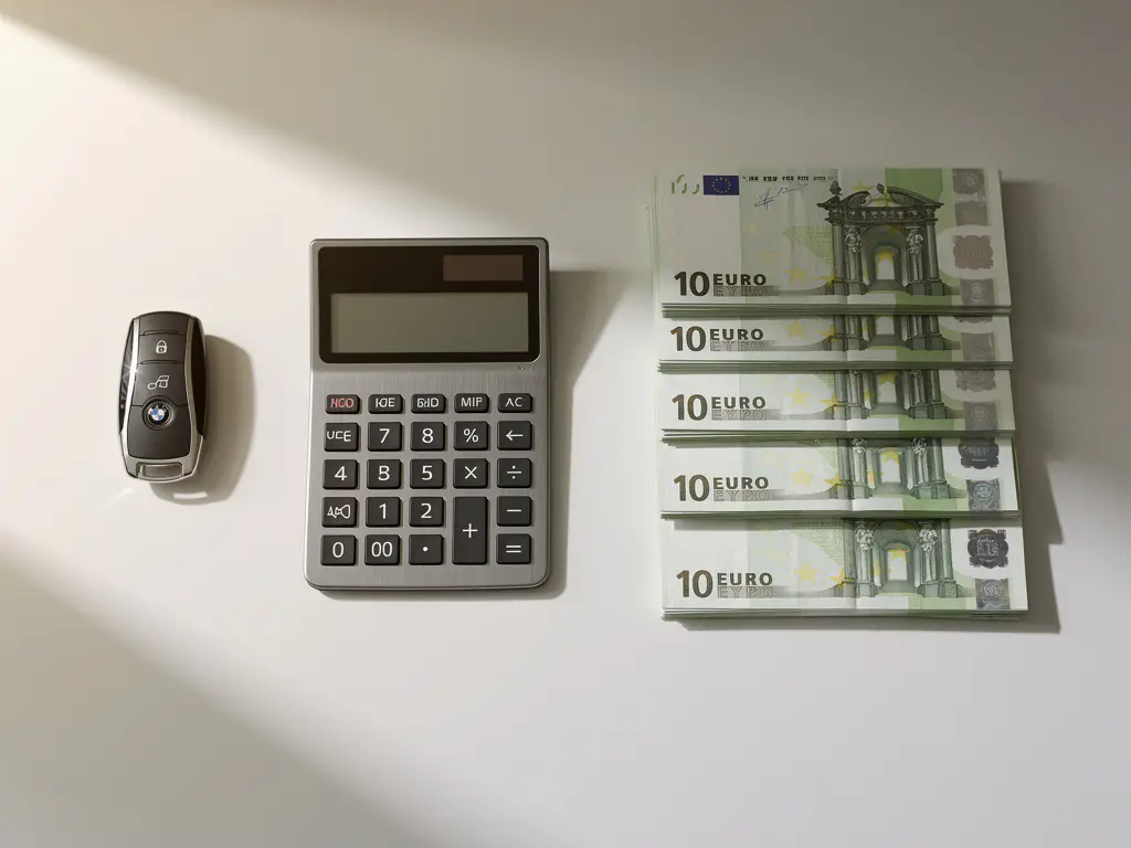 Rekenmachine en autosleutel naast stapels eurobiljetten op wit bureau in minimalistisch kantoor