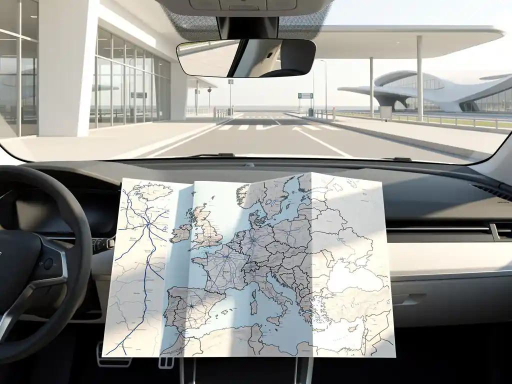 Huurauto met opengeslagen kaart van Europese snelwegen op dashboard bij moderne grensovergang met geometrische architectuur