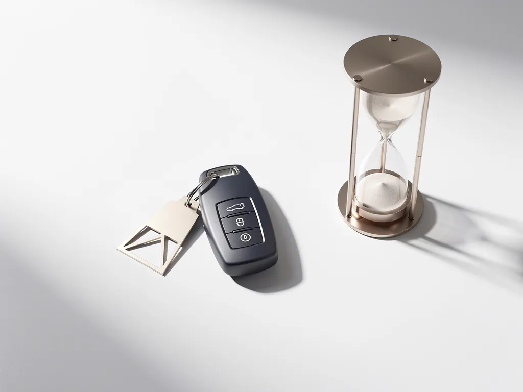 Moderne autosleutel met geometrische tag naast elegante zandloper op wit bureau, zachte zijverlichting