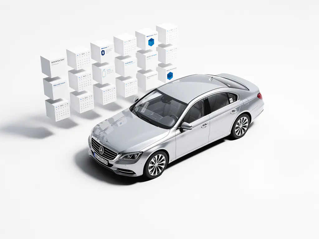 Zilveren zakensedan op witte ondergrond met zwevende maandkalender en geometrische schaduwen in minimalistisch design