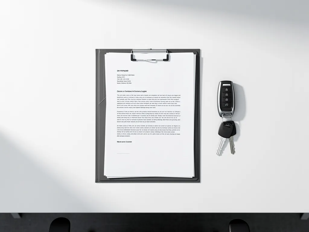 Zakelijke map met georganiseerde juridische documenten en autosleutels op wit bureau in minimalistisch kantoor