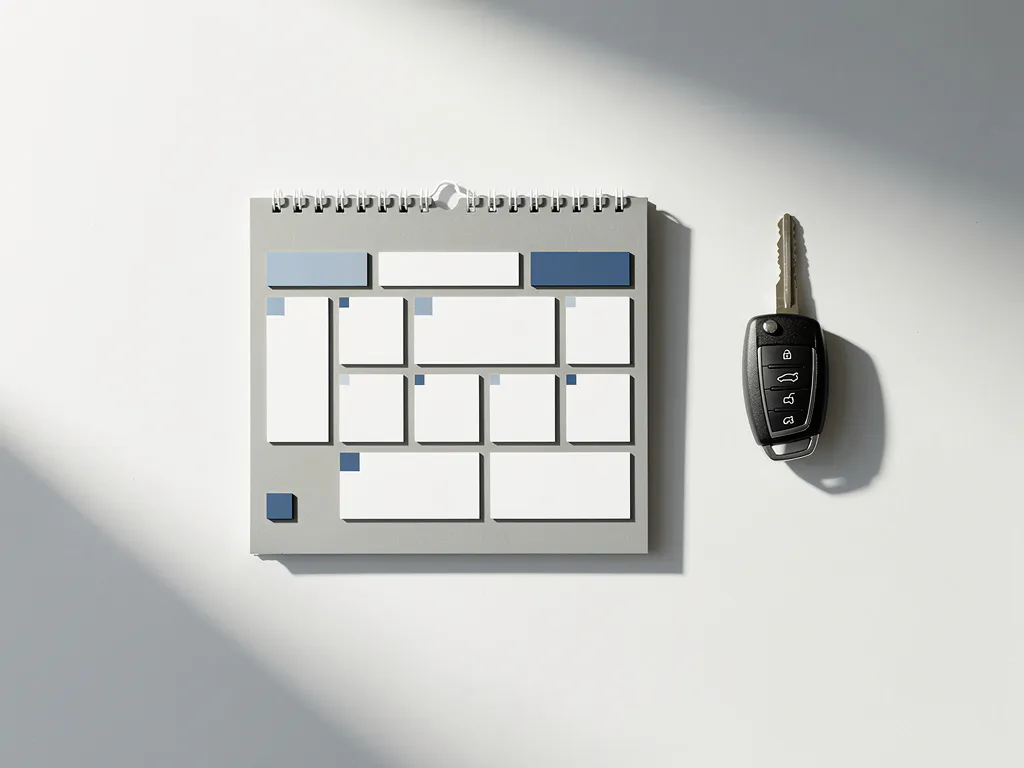 Moderne kalender met geometrische markeringen en autosleutel op wit bureau, bovenaanzicht met zachte schaduwen