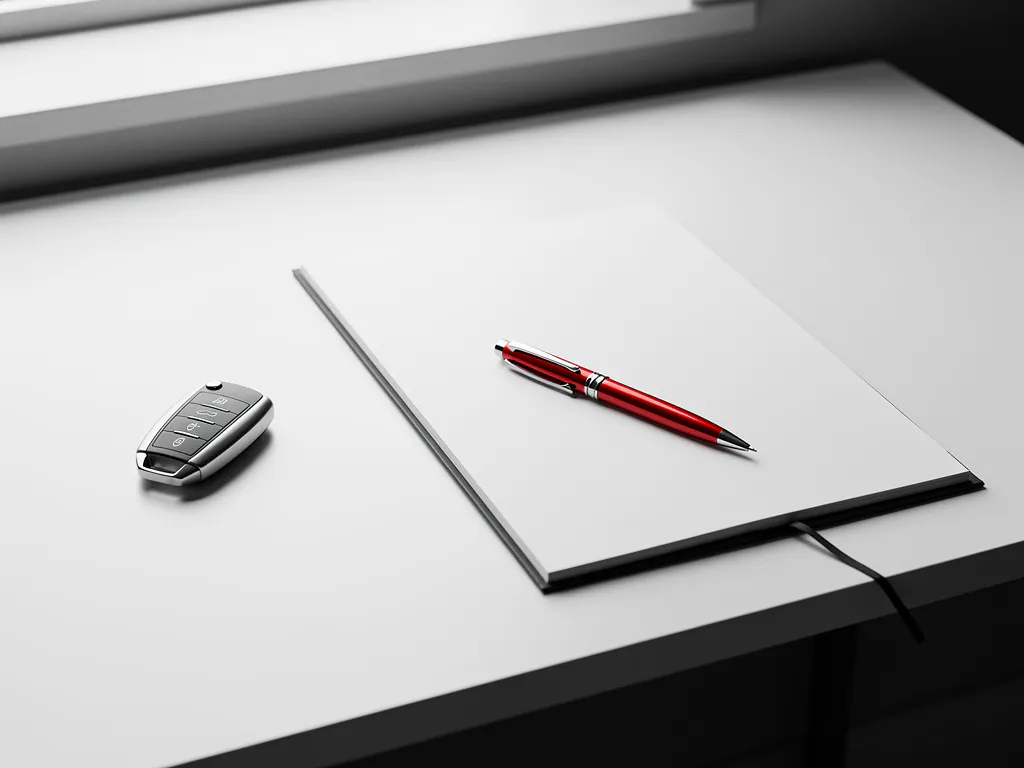 Autosleutel en contract met rode pen op wit bureau in minimalistisch kantoor met natuurlijk licht