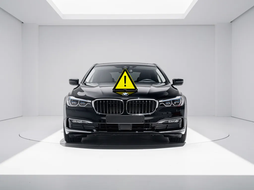 Zwarte sedan met gele waarschuwingsdriehoek op motorkap in minimalistische witte garage
