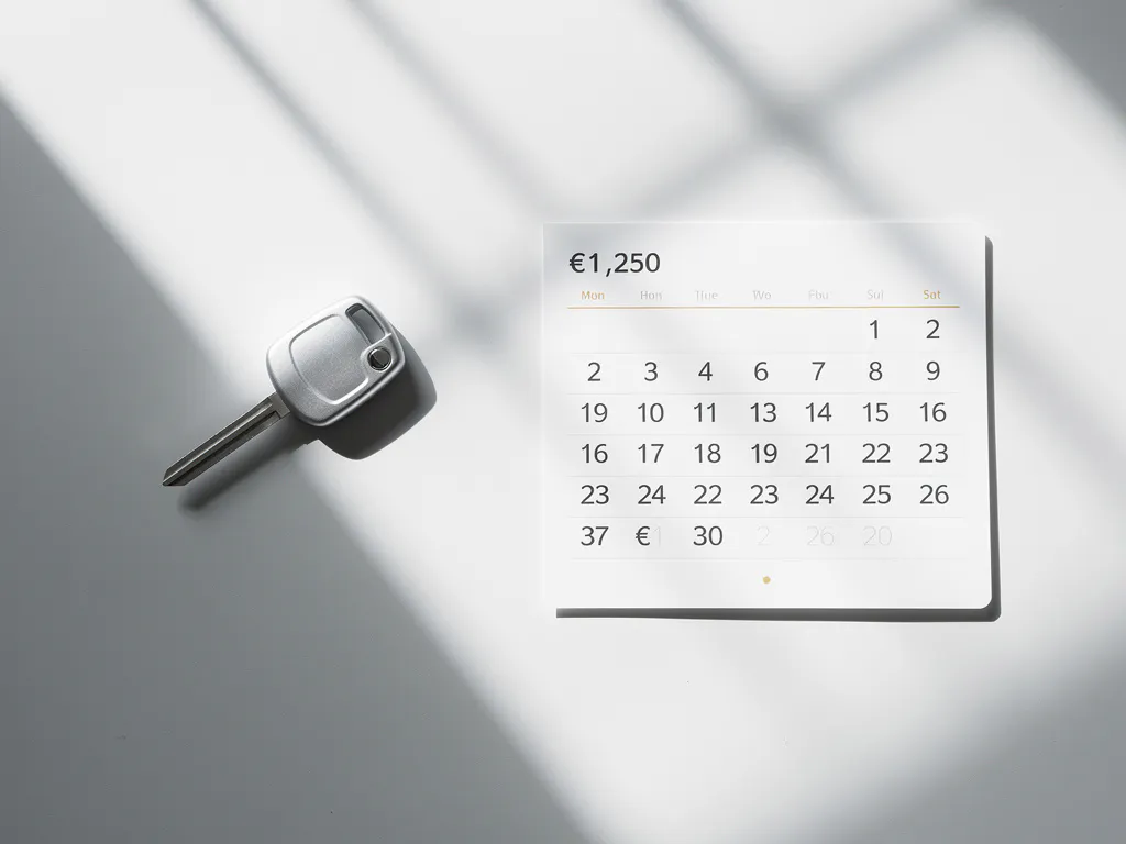 Zilveren autosleutel op wit bureau naast maandkalender met euro bedragen, geometrische schaduwen in monochromatisch grijs-wit palet
