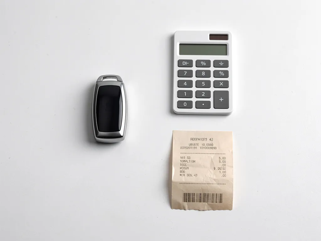 Autosleutel met afstandsbediening naast rekenmachine en gevouwen bon op wit bureau, bovenaanzicht met zachte schaduwen