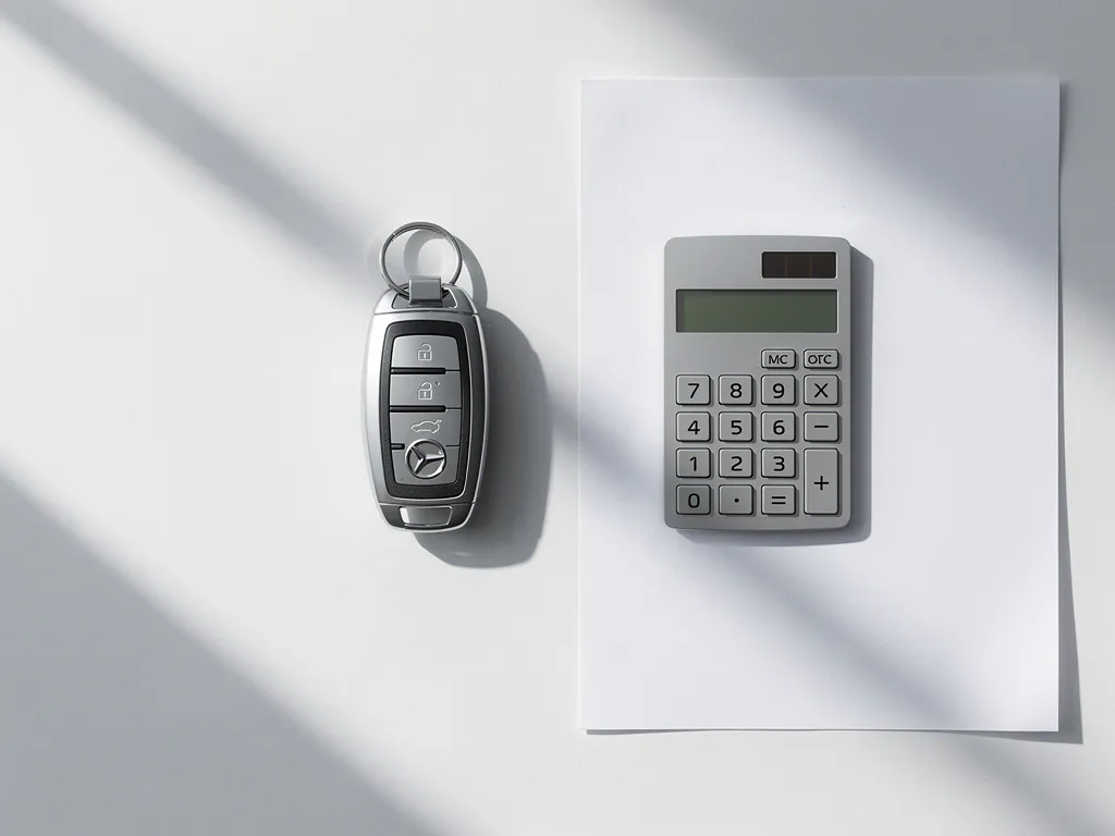 Zilveren autosleutel op wit bureau naast minimalistische rekenmachine en papier met geometrische schaduwen