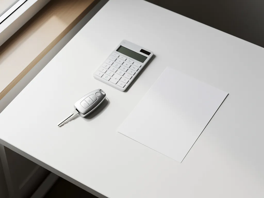 Zilveren autosleutel op wit bureau naast rekenmachine en papier, bovenaanzicht met natuurlijk licht