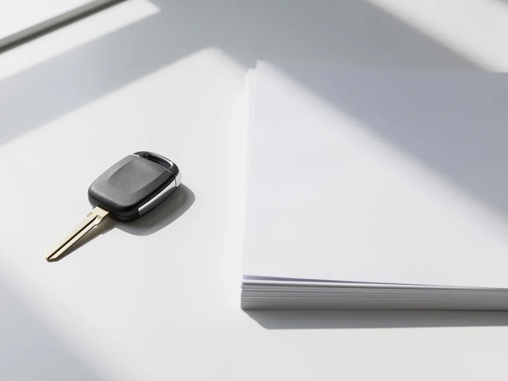 Autosleutel en contract op wit bureau in minimalistisch kantoor met zachte schaduwen