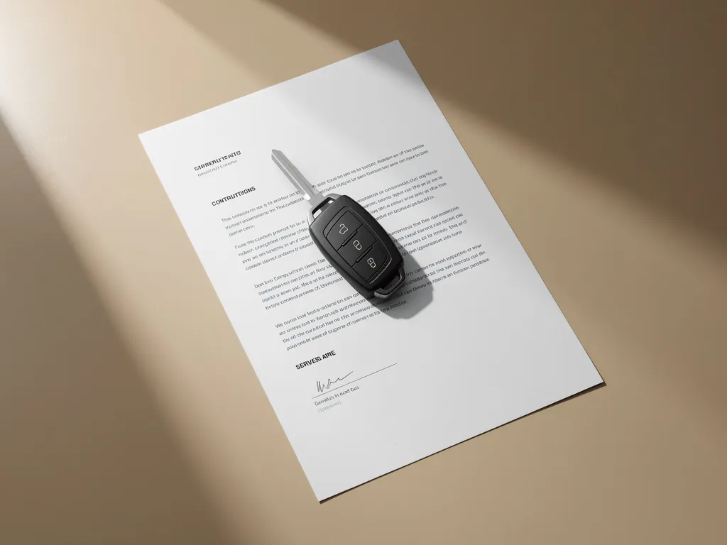 Zwarte autosleutel ligt op wit contractdocument op minimalistisch bureau met zachte schaduwen