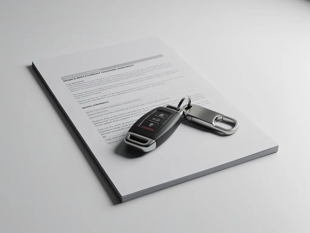 Autosleutel met metalen sleutelhanger naast stapel huurovereenkomsten op witte bureauondergrond