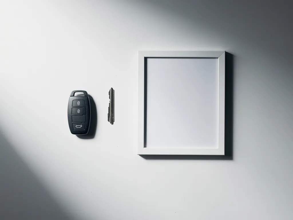 Autosleutel naast lege fotolijst op wit bureau met zachte natuurlijke belichting en minimalistische compositie