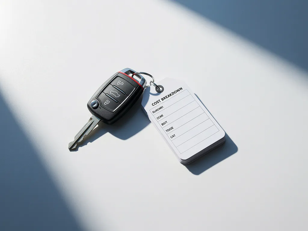 Autosleutel met kostenoverzicht labels op wit bureau, geometrische schaduwen en natuurlijk licht