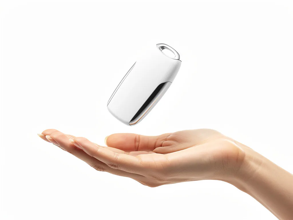 Witte autosleutel zwevend boven open handpalm tegen minimalistische witte achtergrond met zachte schaduwen