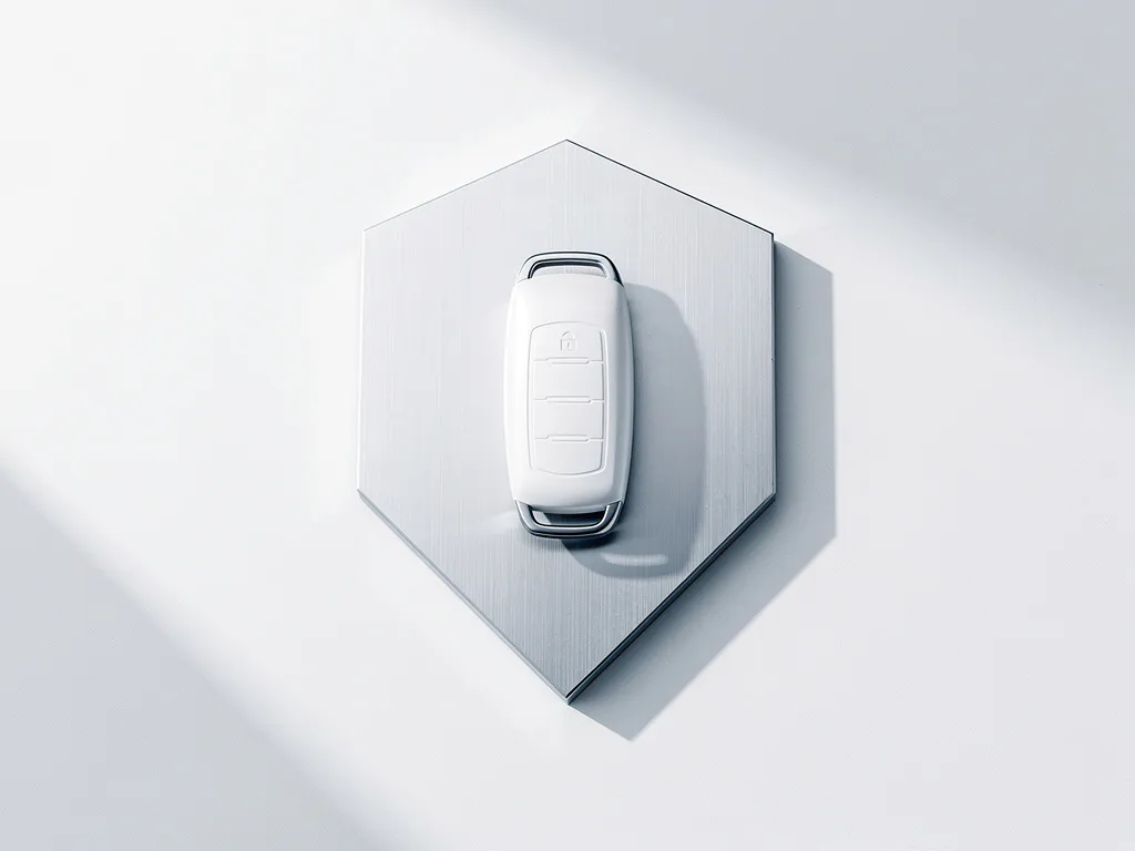 Witte autosleutel op zilveren metalen schild vorm, minimalistisch bureau oppervlak met zachte schaduwen