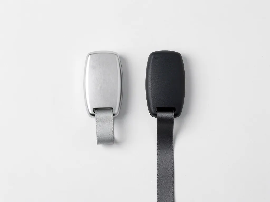 Twee elegante autosleutels op witte ondergrond, zilver met kort lint en zwart met lang lint, symboliseert korte en lange termijn