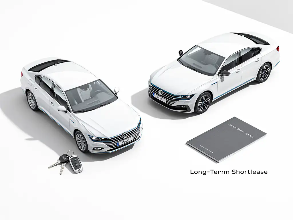 Twee elegante huurauto's op witte ondergrond met autosleutels en contractmap, geometrische schaduwen, minimalistisch design