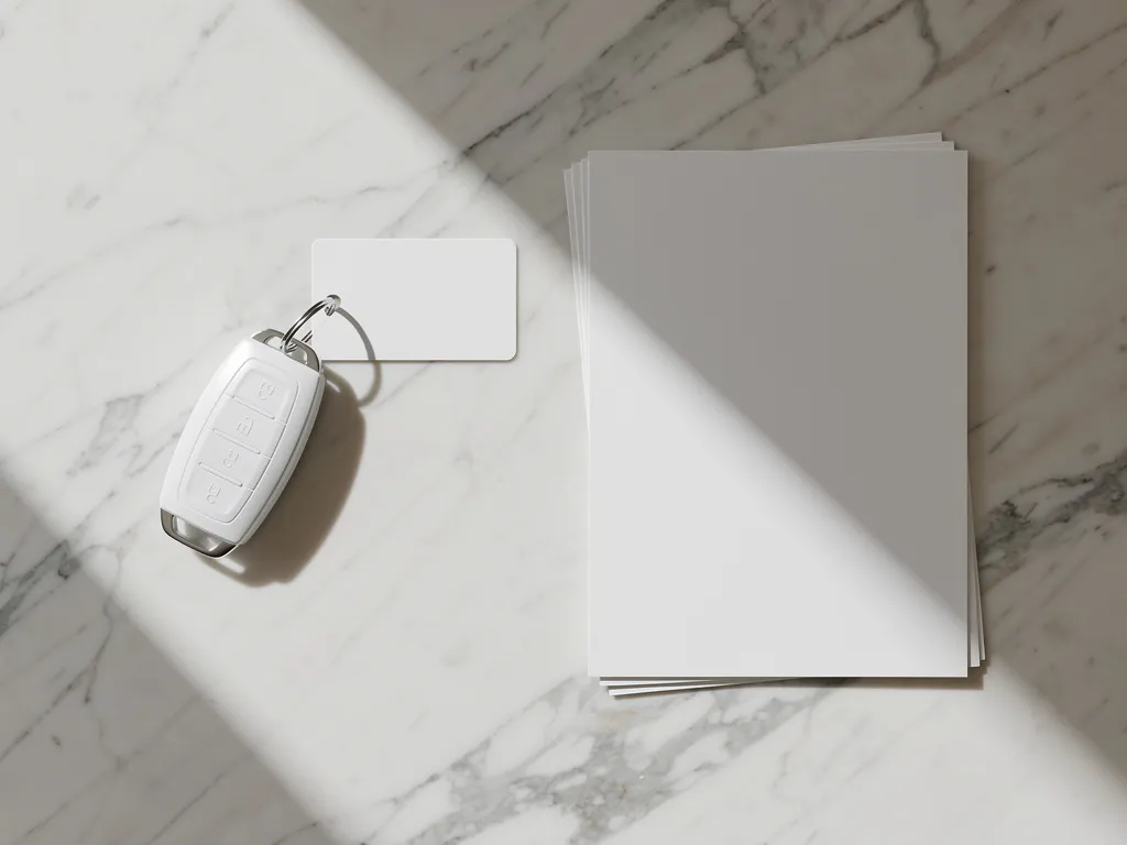 Witte autosleutel met verzekeringskaart naast shortlease contract op marmeren bureau met geometrische schaduwen