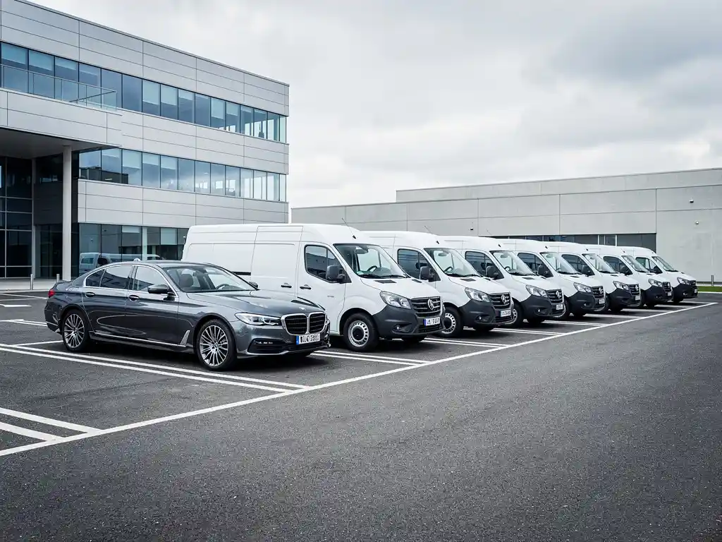 Zwarte zakenauto geparkeerd naast rij witte bedrijfsbusjes op bedrijfsparkeerplaats met moderne architectuur