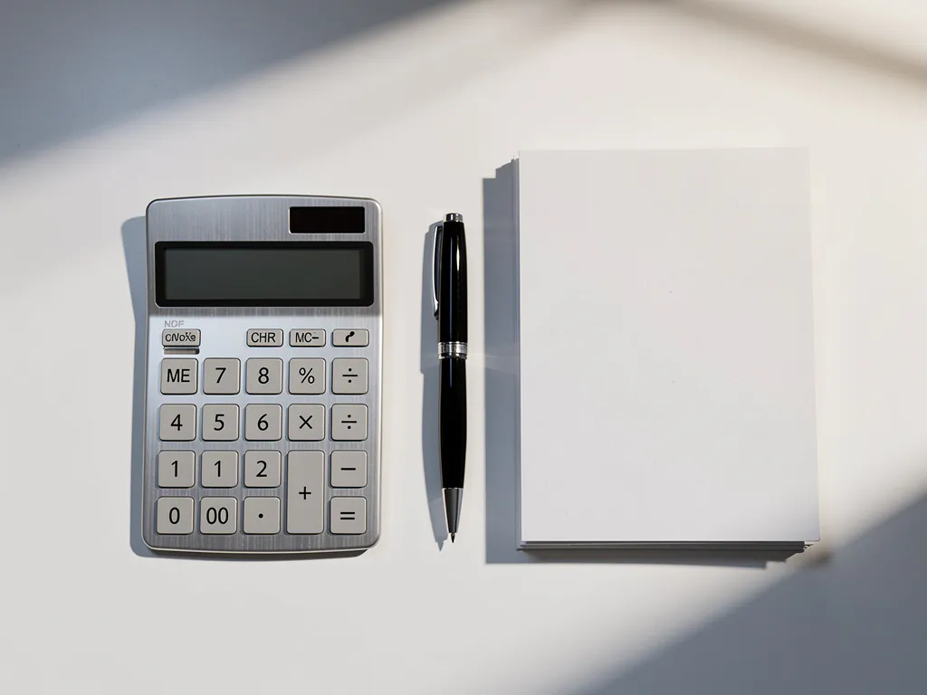 Zilveren rekenmachine op wit bureau naast twee stapels documenten en zwarte pen in minimalistisch kantoor
